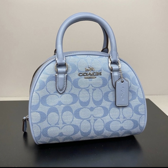 COACH CH140 Sydney Satchel Bag In Signature Chambray &Leather Cornflower Blue - Picture 2 of 7